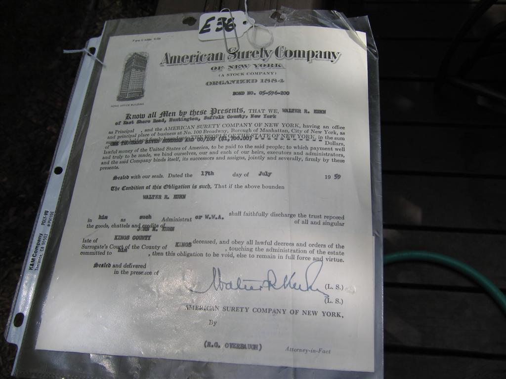 Administrators Bond. American Surety Company of Ne