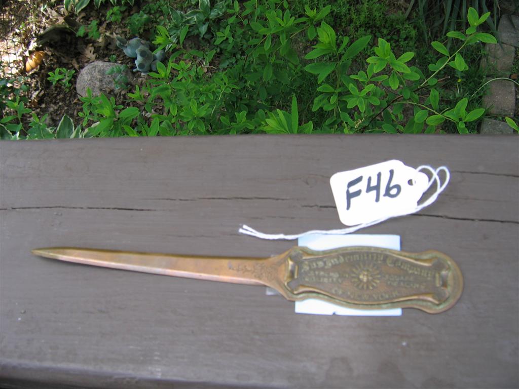 Letter Opener. Brass. Sun Insurance Company of N