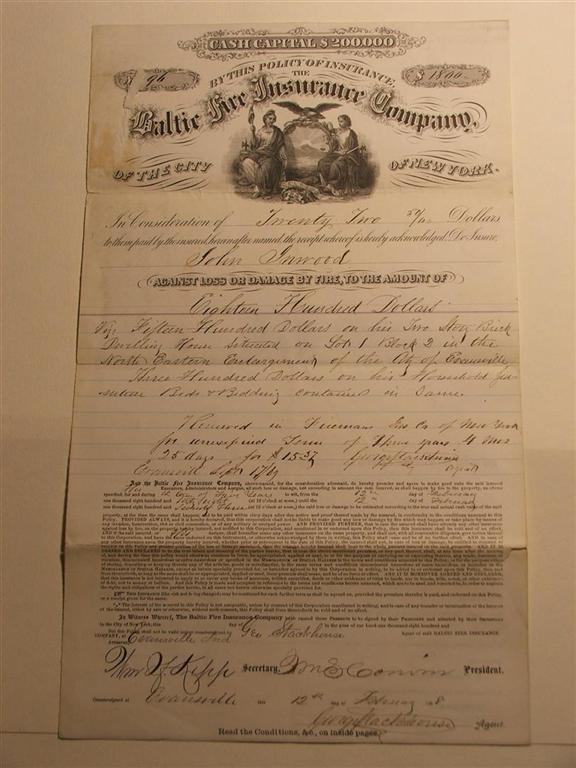 8.5" x 14" Policy written by the Baltic Fire Insur