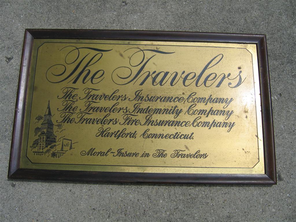 The Travelers Sign. Brass with Wood frame. 15 5/