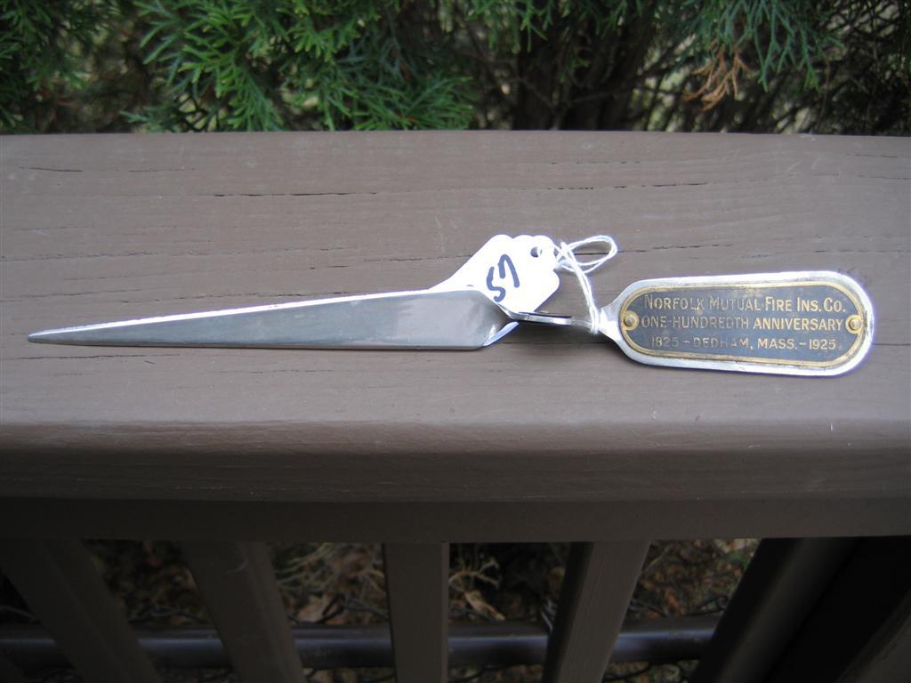 Norfolk Mutual Fire Ins. Co. Letter Opener. Dedha