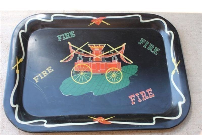 Serving Tray. Old Fire Apparatus in middle with