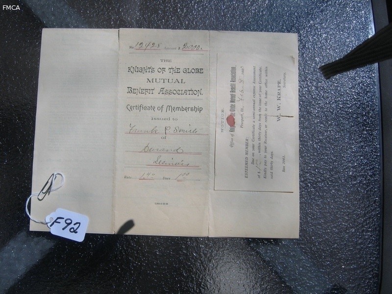 Certificate of Membership. Knights of the Globe M