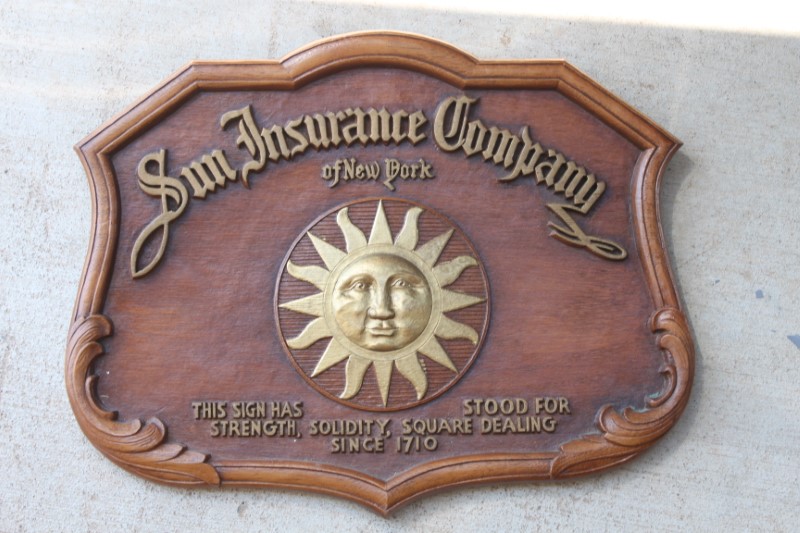 Sun Insurance Company. Old Burl wood Plaque. Odd
