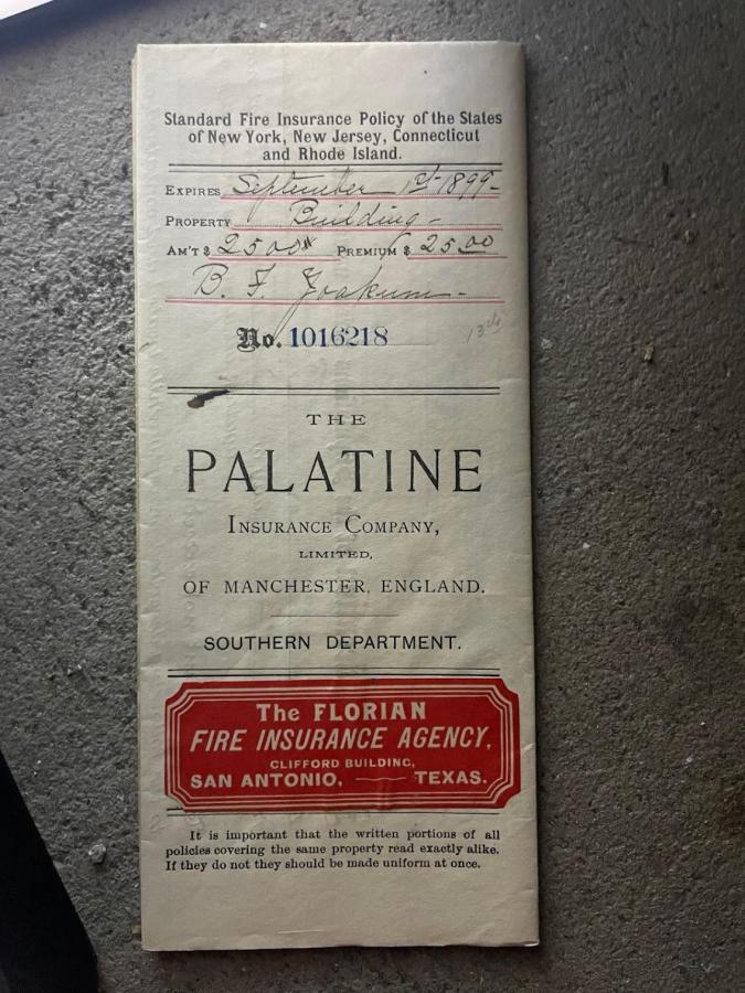 #009 Palatine Insurance Company of Manchester, England. Policy for one year from September 1898 to September 1899.