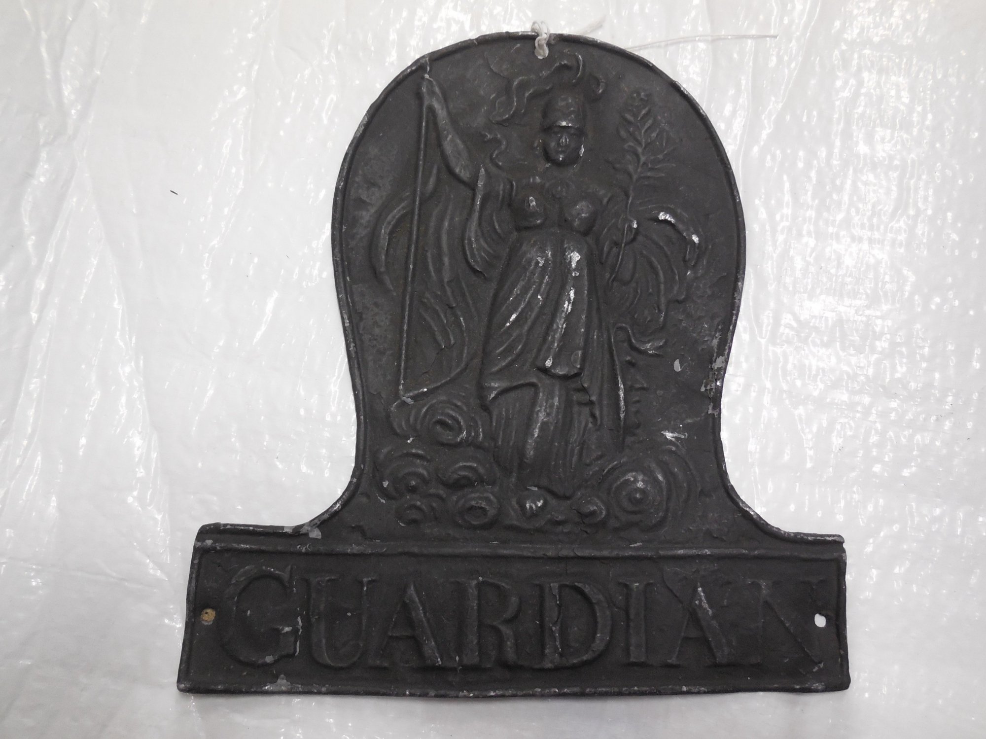 Guardian fire mark, lead, 8 3/8" X 9 3/8", appears to be a reproduction.
