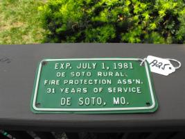 De Soto Rural Fire. Exp. July 1, 1981. Green Tin