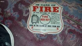 Fire Box Sign- Painted tin, shield shaped sign mou